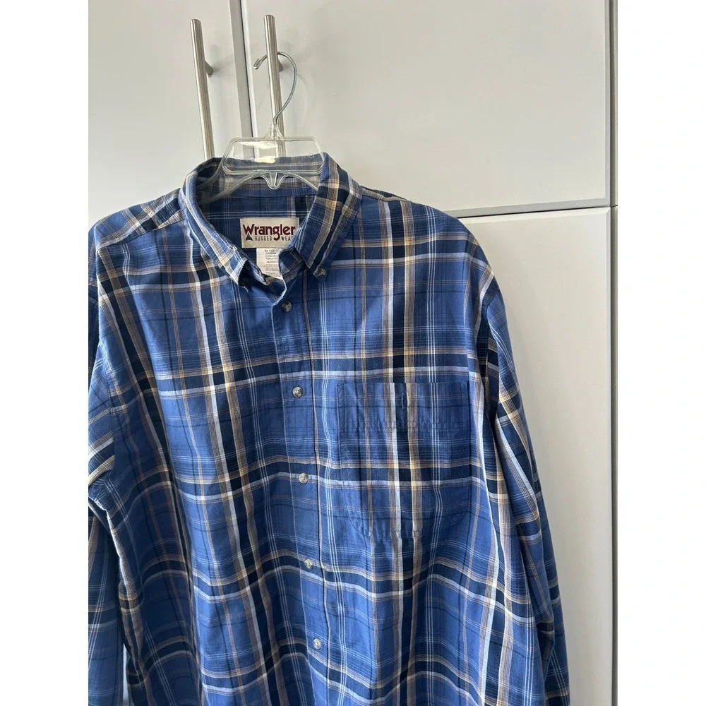 Wrangler‎ Rugged Wear Mens Blue Plaid Button Down Shirt XL RWL41MB
